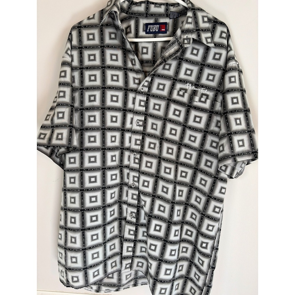 Vintage FUBU Platinum PJ Shirt Mens Large Grey Geometric Square Print 90s Y2K